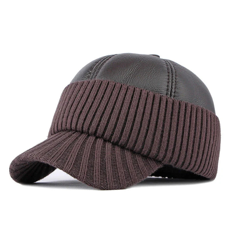 Men's Winter Baseball Cap with Leather Earflaps in Brown Colour