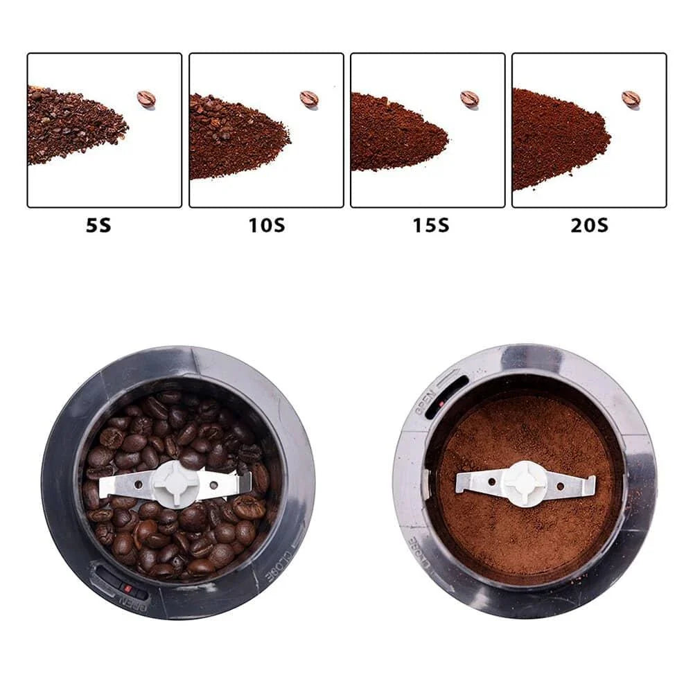 Compact electric stainless steel coffee grinder with sleek design and powerful 200-watt motor for consistent grinding