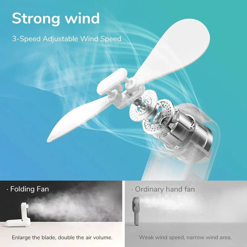 Portable Mini Handheld Fan with 4500mAh battery, 3 speed settings, power bank, and flashlight