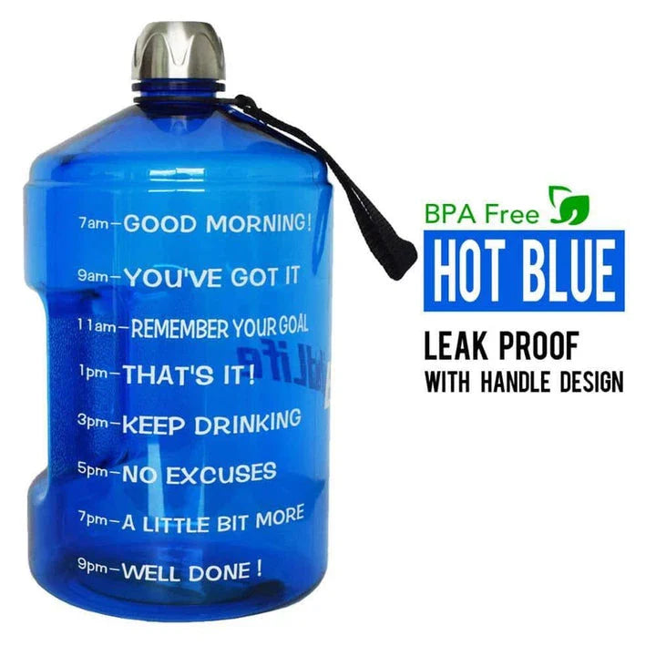 Premium customized gallon water bottle with time tracker markings, available in multiple vibrant colours