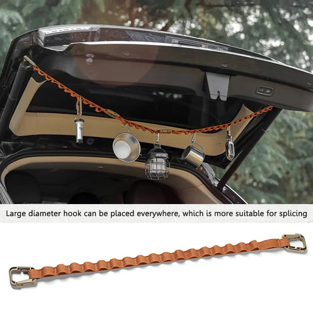 Adjustable camping strap with multi-ring design for organising outdoor gear and supplies