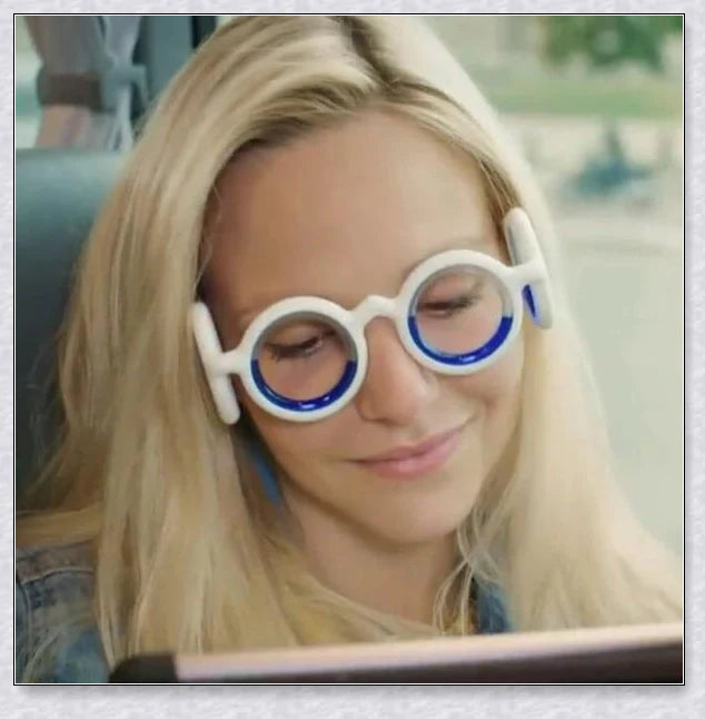 Anti-Motion Sickness Glasses with Boarding Ring technology for relief from nausea, dizziness, and vertigo during travel by car, boat, or plane