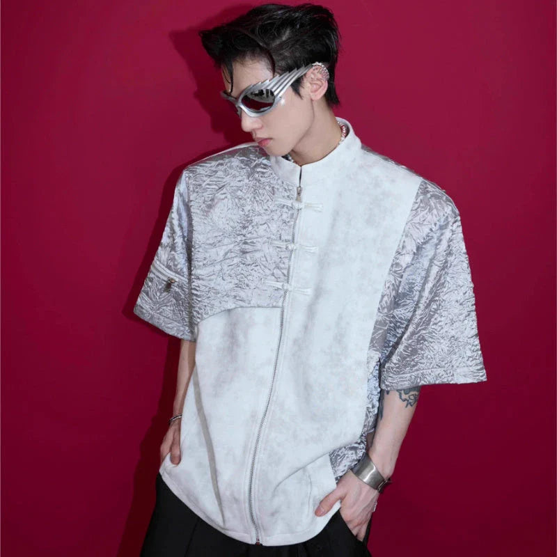 Buckle Design Sense Padded Shoulder Short Sleeve Loose T-shirt in black and white colours