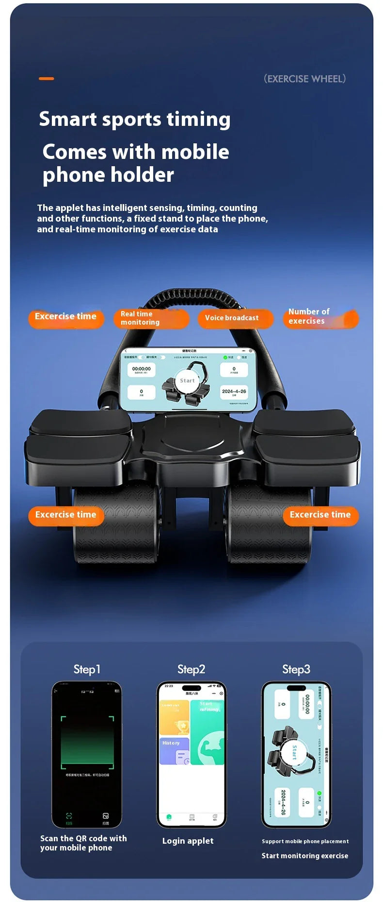 Premium 4-wheel abdominal roller with automatic rebound and mobile app for core strengthening and fitness workout