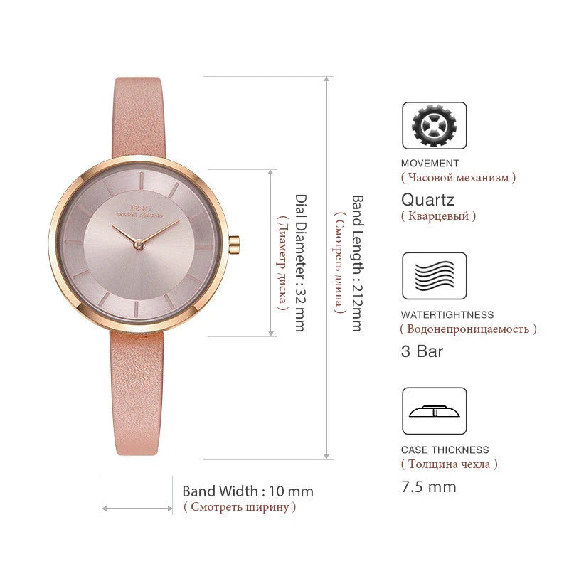 Stylish slim ladies' waterproof watch in various colours, including black, tan, grey, and white, with rose gold or silver accents.