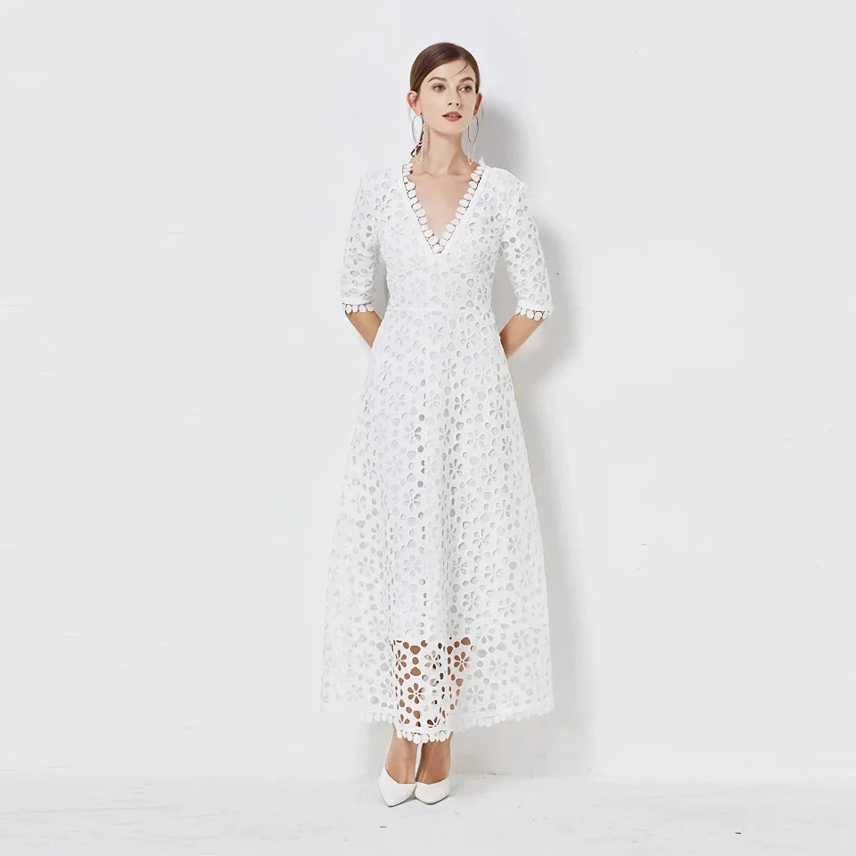 Elegant V-Neck Lace Midi Dress in white with a sophisticated silhouette and stylish details