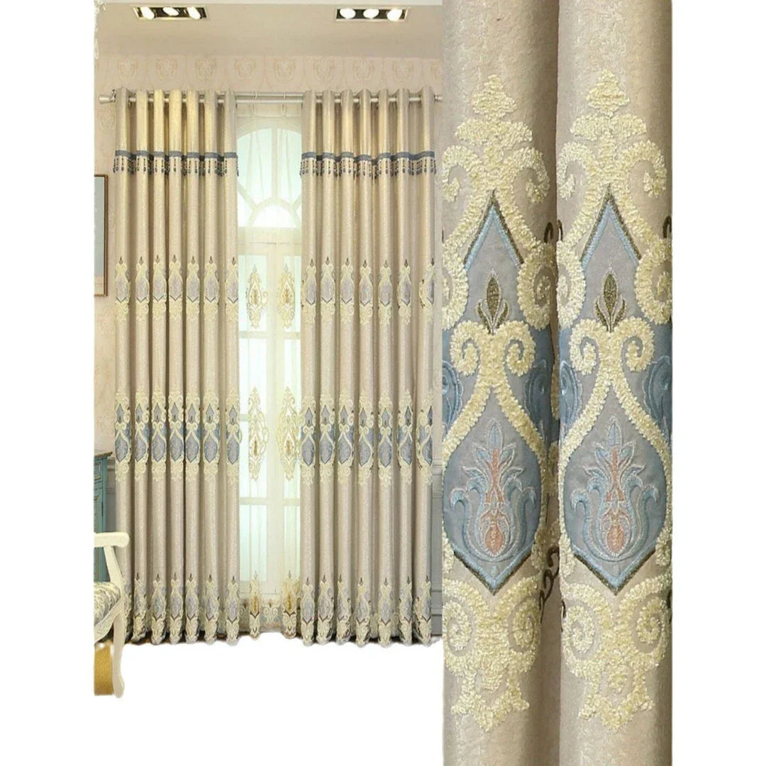 Elegant European-style embroidered mesh curtains in beige and grey shades, providing high sun protection and a modern, minimalist design.