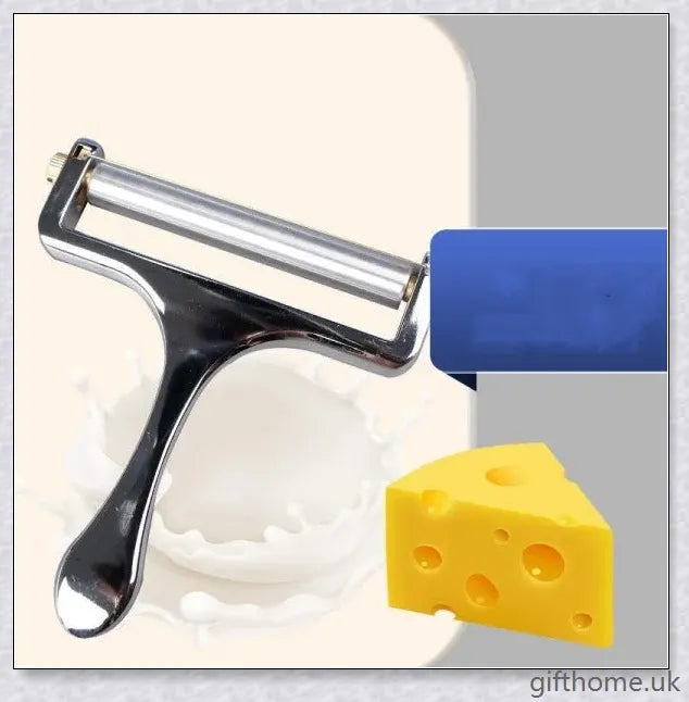 Adjustable cheese slicer with an ergonomic handle and a wire cutting mechanism for precisely slicing hard and soft cheeses to your desired thickness