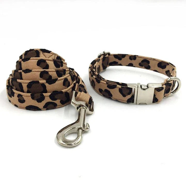 Stylish leopard-print dog collar and leash set made from premium 100% cotton for comfort and durability