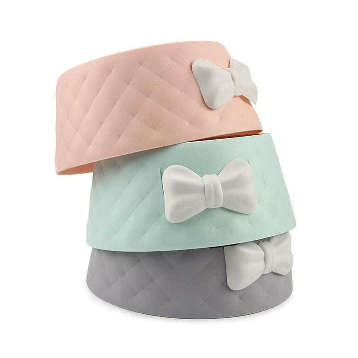 Stylish bowknot feeding bowl for pets, available in blue, grey, and pink colours