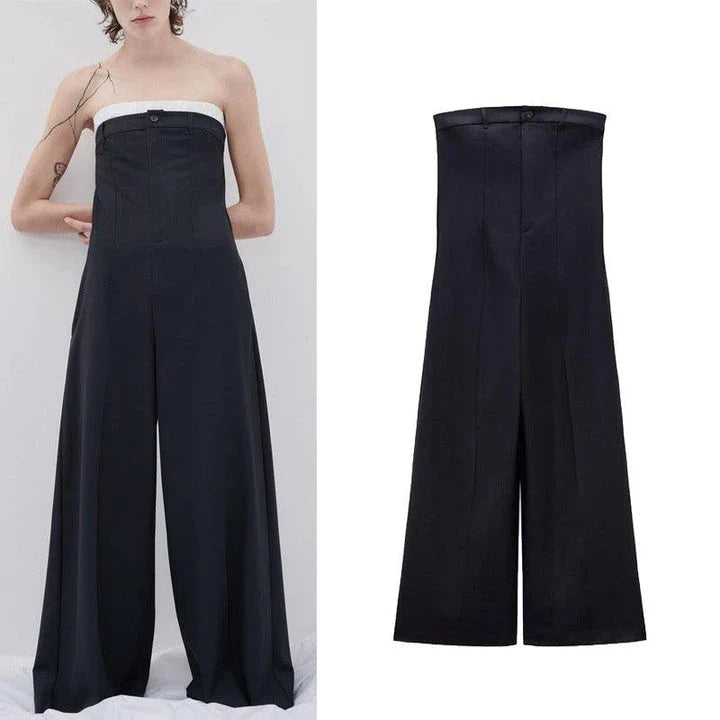 Trendha Contrast Stitching Tube Top Jumpsuit in Sea Blue, featuring raglan sleeves, wide legs, and a shawl neckline design