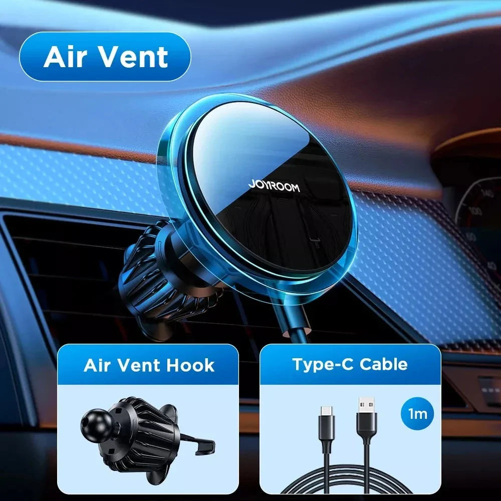 Magnetic wireless car charger in black with CD pattern mirror surface and blue LED lighting