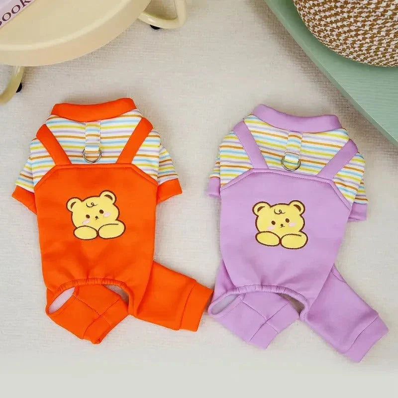 Cosy striped dog jumpsuit pyjamas in various sizes, providing warmth and comfort for your furry friend during the autumn season.