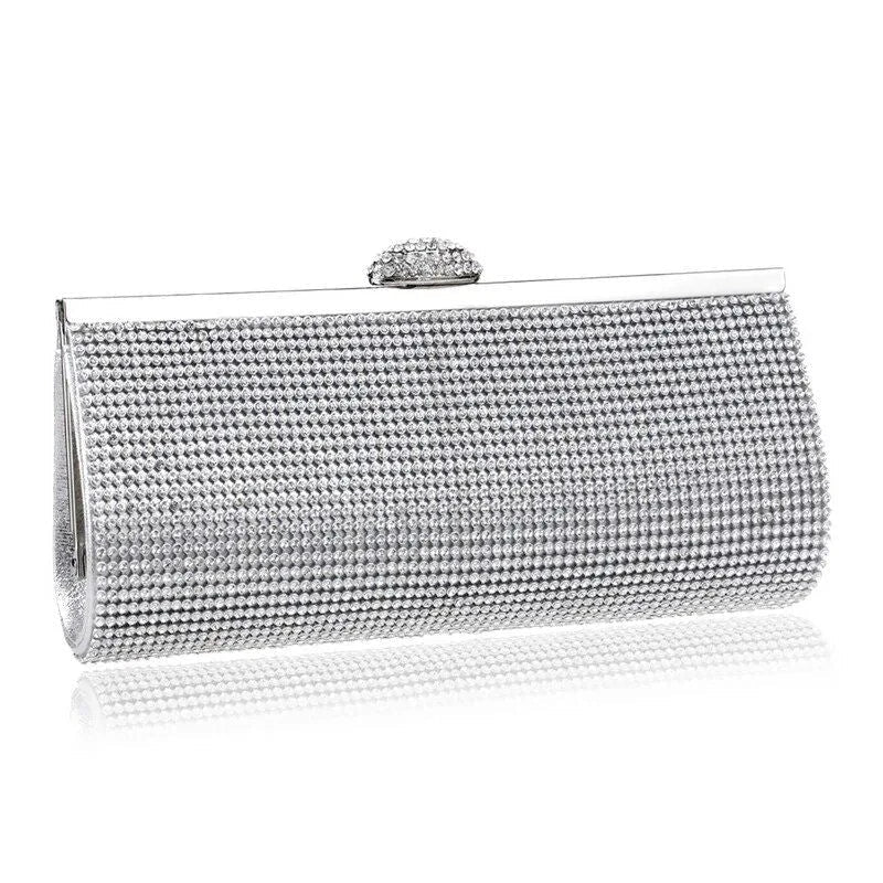 Glamorous gold rhinestone evening clutch with elegant chain and diamond decorations, perfect for UK special occasions