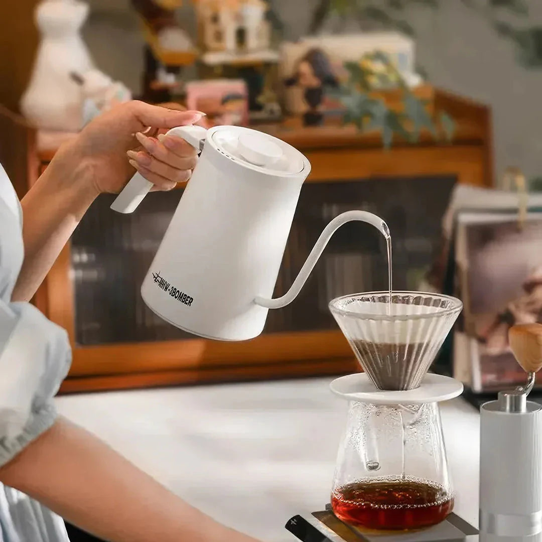 A stainless steel electric gooseneck kettle with precise temperature control and an elegant design, perfect for hand-brewing coffee at home.