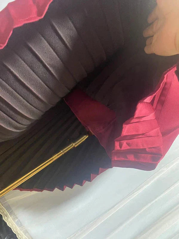 Elegant asymmetric dress with half turtleneck in wine red and milky white colours