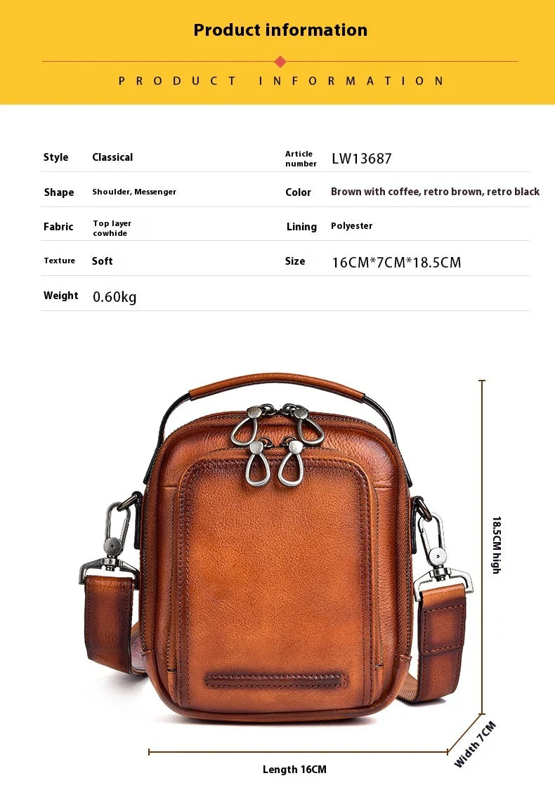 Premium retro leather messenger bag with spacious main compartment, side pockets, and robust handle for comfortable carrying