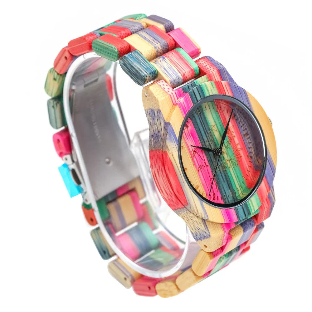 Stylish quartz watch with bamboo wood case and strap in a vibrant colourway