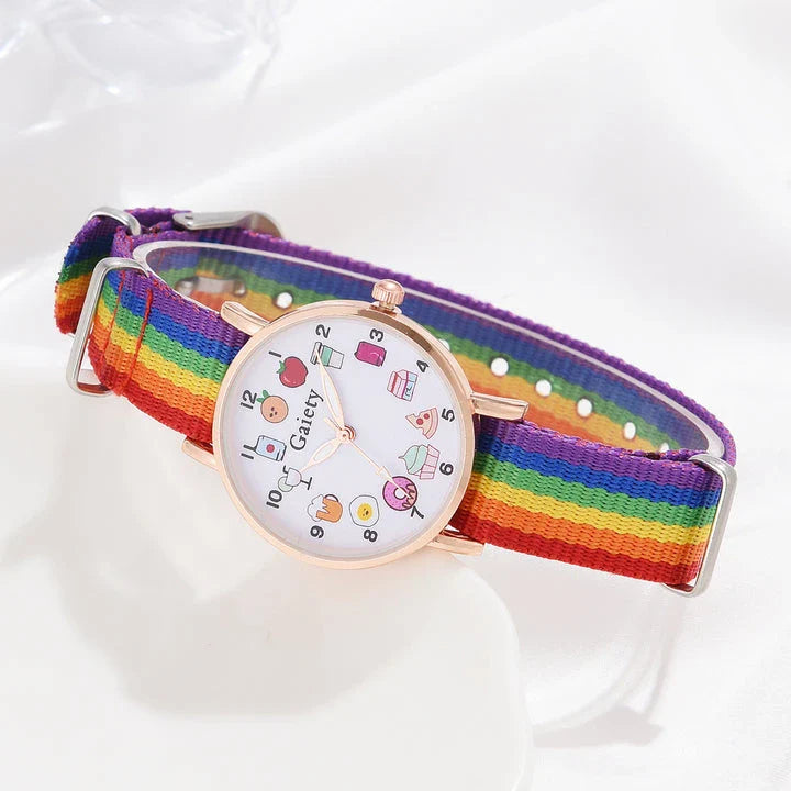 A stylish rainbow-coloured women's wristwatch with a quartz movement and an alloy case for elegant and durable design.
