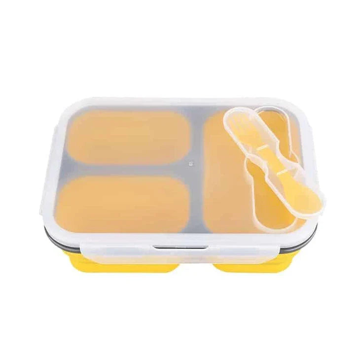 Collapsible silicone lunch box in orange colour, featuring a leakproof design and 1100ml capacity for on-the-go meals.