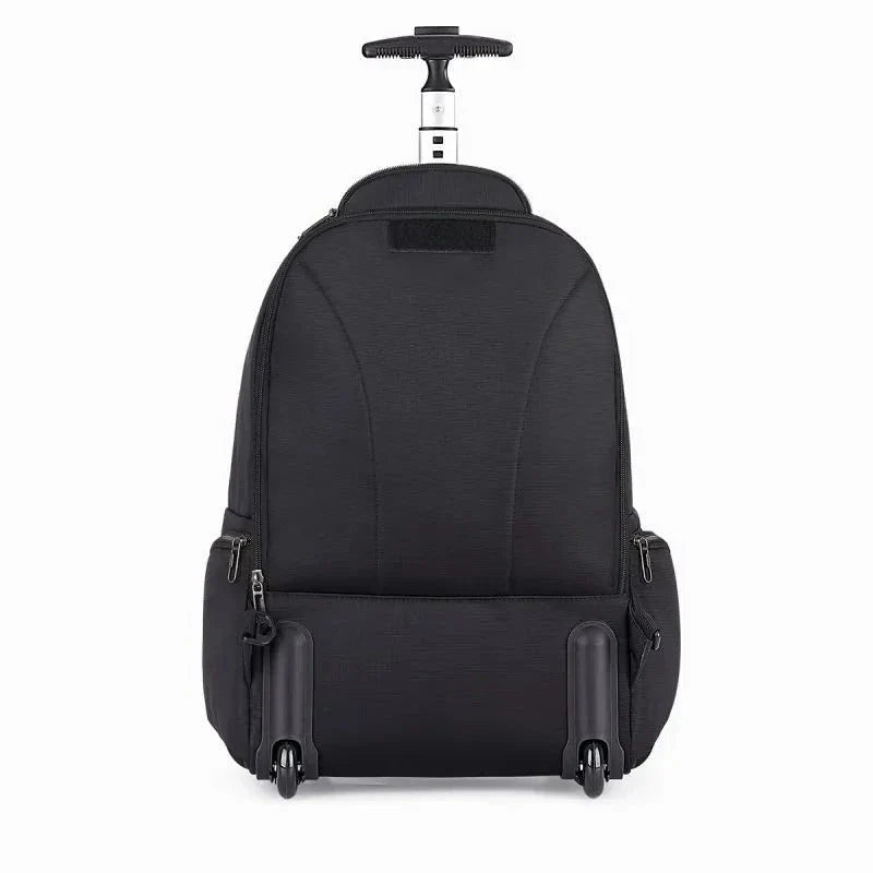 A black, multifunctional wheeled backpack with a padded laptop compartment and smooth-rolling wheels for effortless travel
