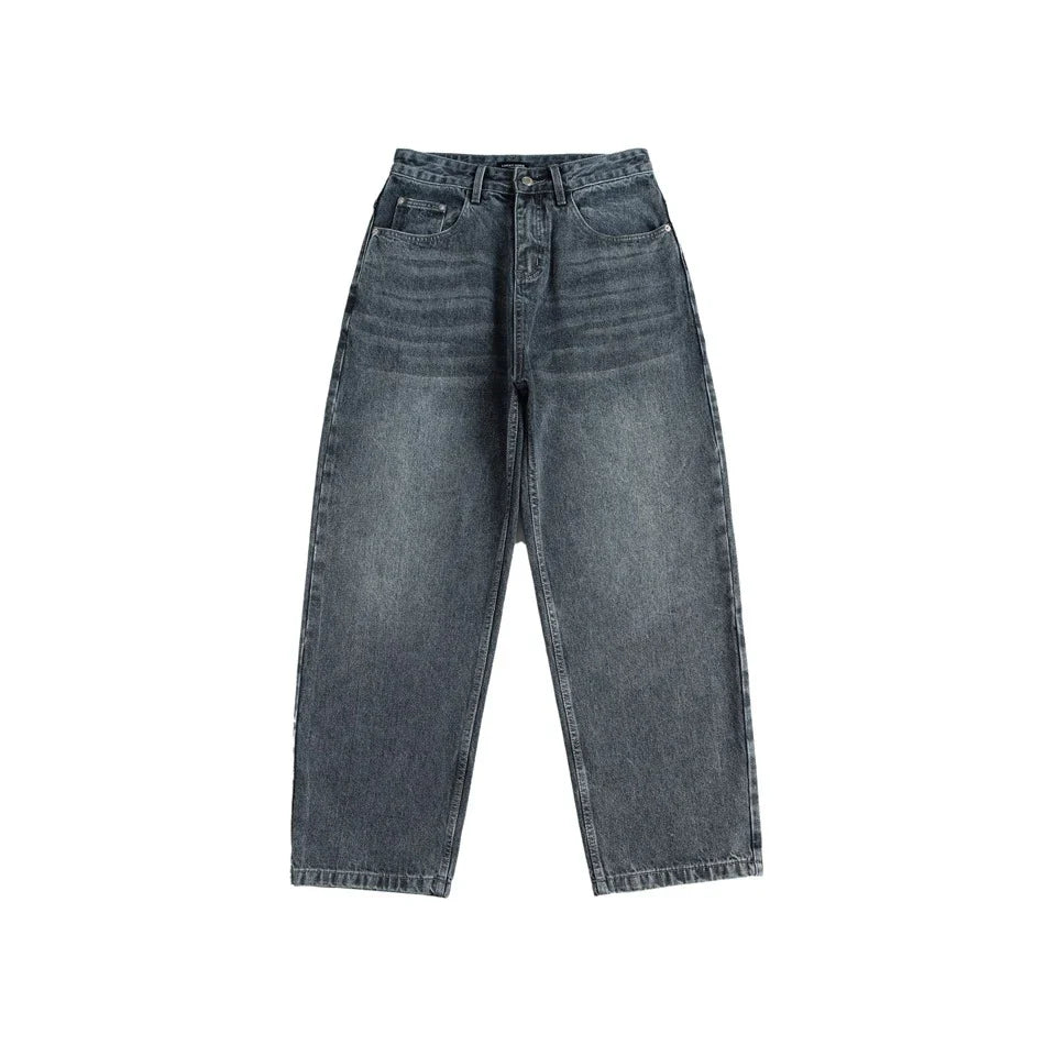 A pair of stylish retro-inspired Japanese jeans in black and grey, featuring a mid-rise waist and straight leg silhouette for a flattering, comfortable fit.