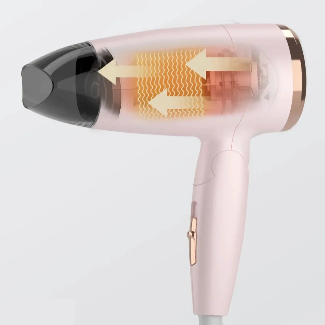 Compact and foldable hair dryer with powerful 950-watt motor for efficient styling on the go