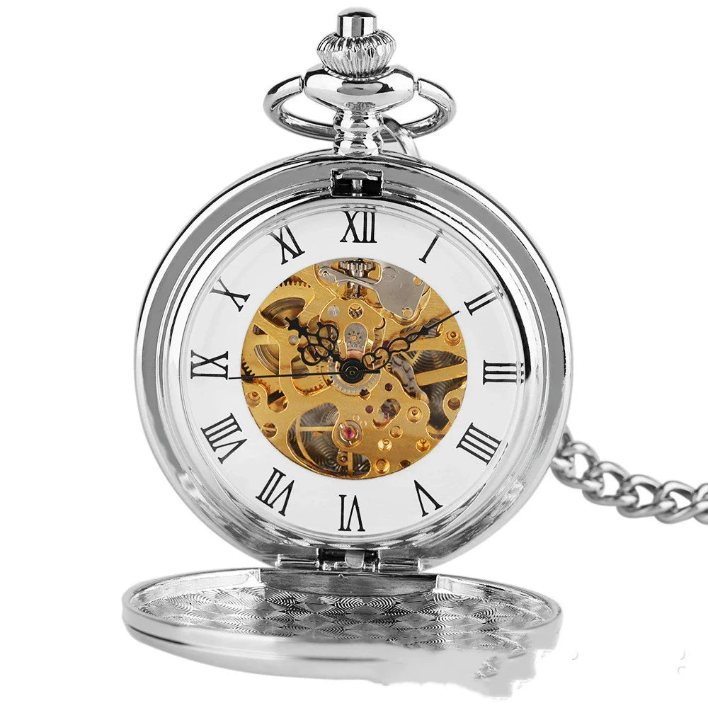 Classic minimalist vintage two-sided mechanical pocket watch in silver tone