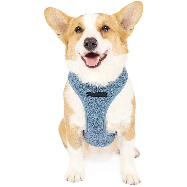Adjustable breathable fleece dog harness and leash set in various sizes and colours