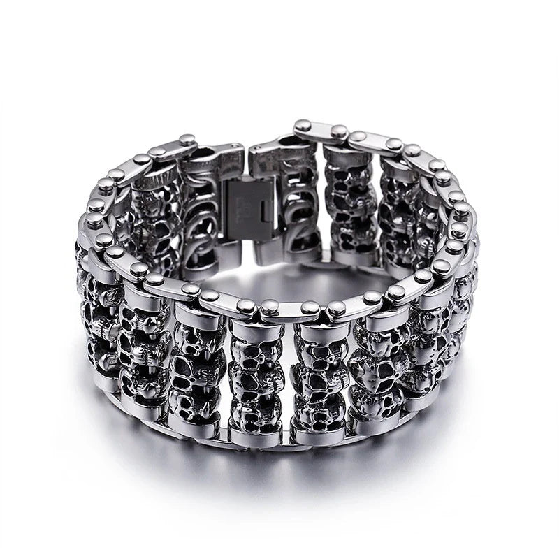 A premium titanium steel skull bracelet, designed for the style-conscious British gentleman with a rebellious spirit.