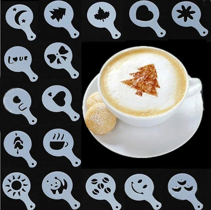 Trendha's premium coffee stencils with 16 unique designs for creating professional-grade latte art and coffee customisation