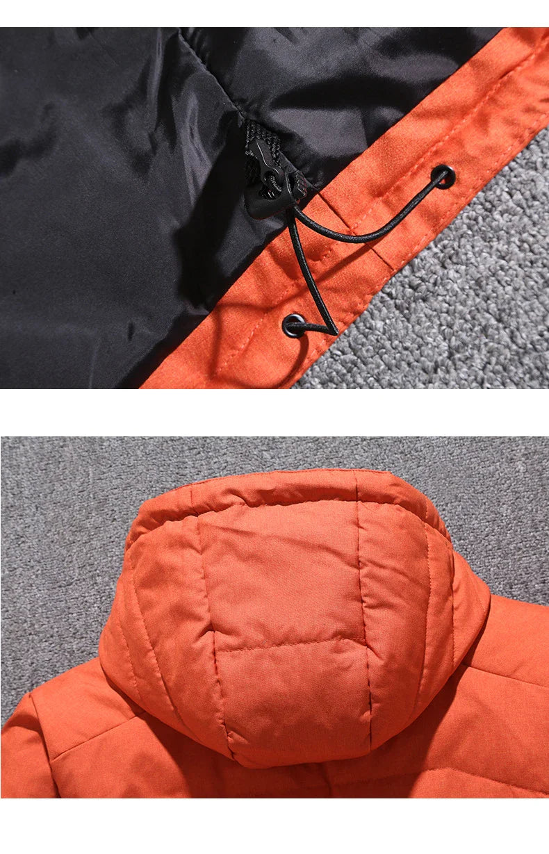Men's premium white duck down insulated winter jacket with multiple pockets, adjustable hood and cuffs, designed for warmth and style.