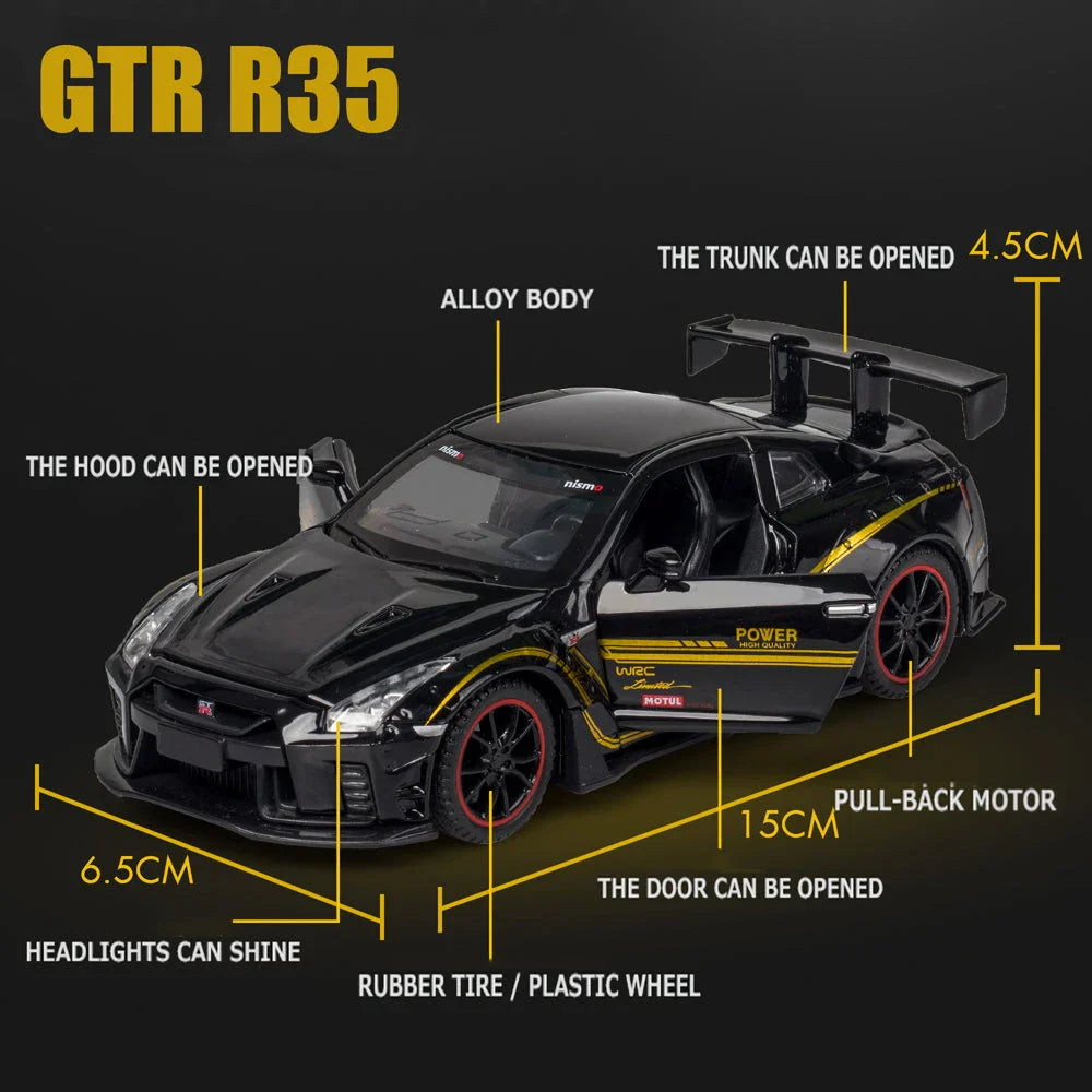 Premium 1:32 scale diecast model of the iconic Skyline R34 and R35 sports car, featuring detailed construction, interactive elements, and authentic design.