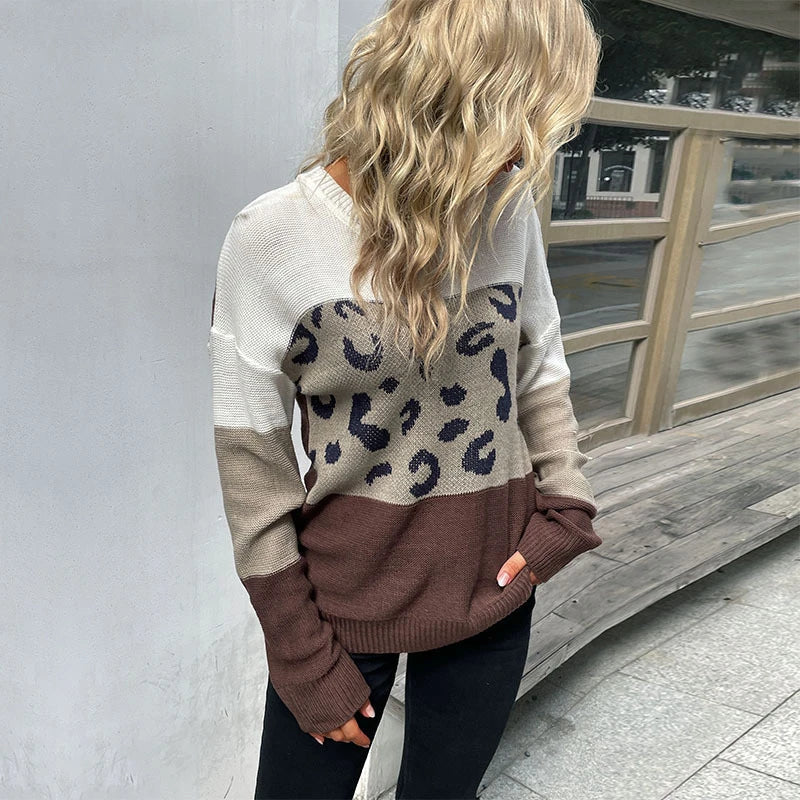 A stylish women's long sleeve leopard print pullover jumper in a classic coffee brown colour