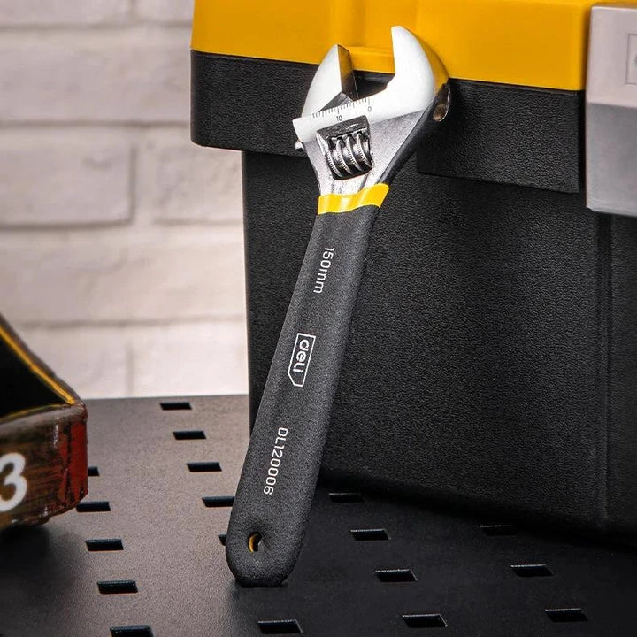 Adjustable stainless steel spanner with PVC handle, featuring a laser-etched scale for precise measurements and a smooth-operating screw nut for easy adjustments.