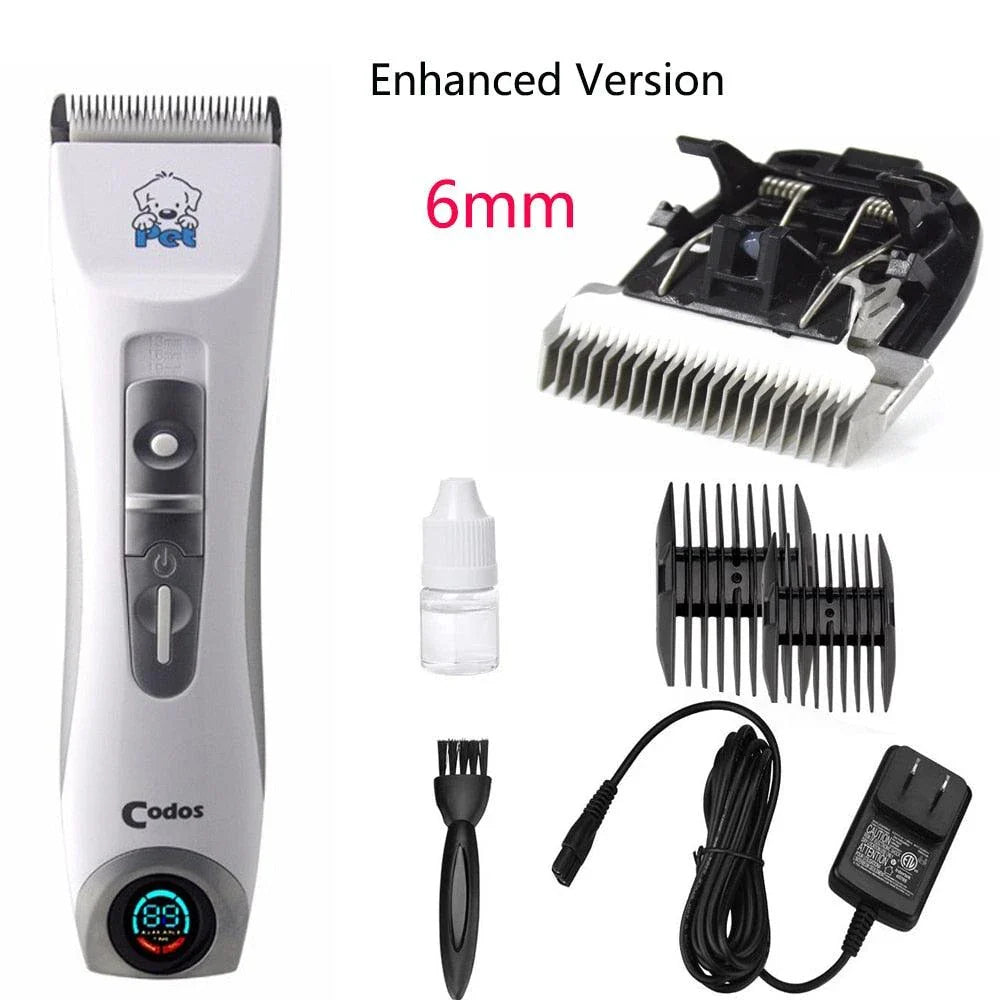 A modern, cordless electric dog grooming trimmer with an LCD display and multiple attachments for professional-quality pet grooming