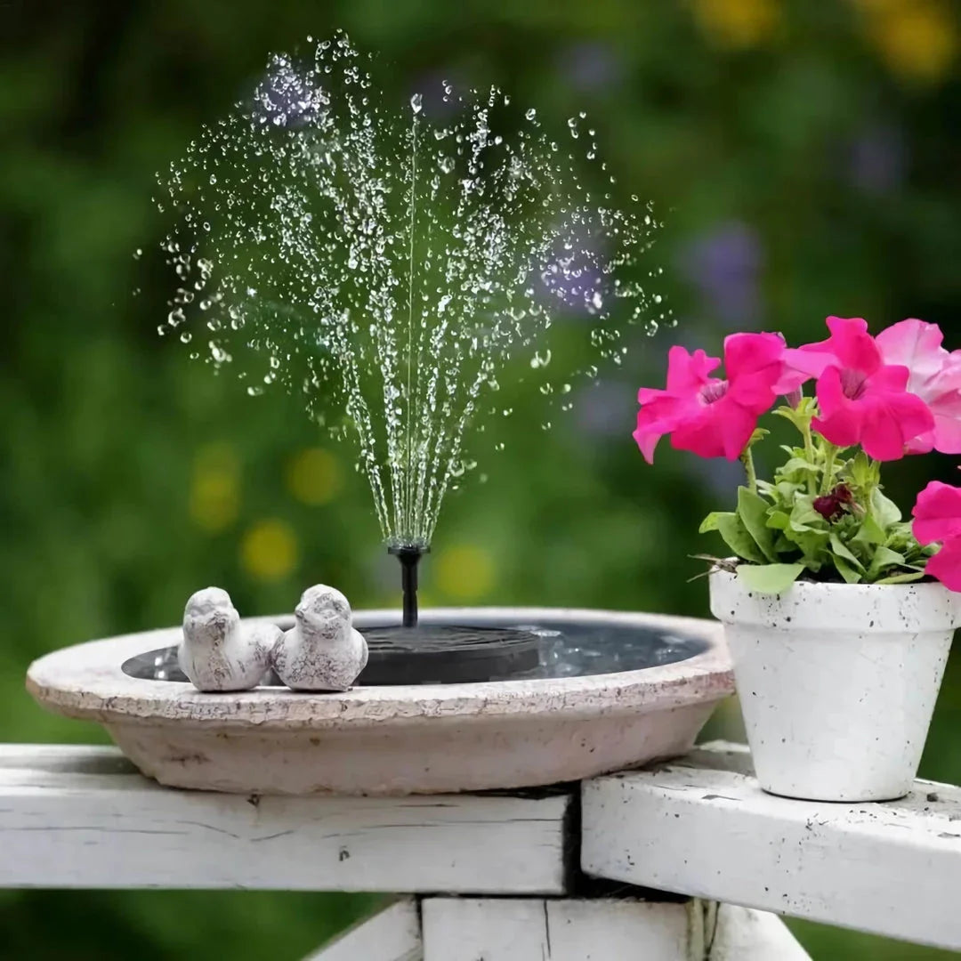 3W solar-powered water fountain with LED lights and customisable spray nozzles, perfect for enhancing any garden or pond