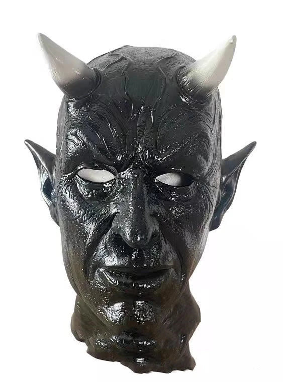 A close-up view of a black latex mask with twisted, menacing horns, creating a fearsome demonic appearance for Halloween costumes and parties.
