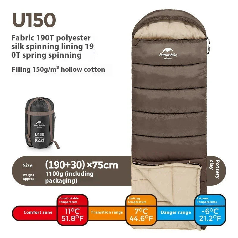 Naturehike Luxury Down-filled Sleeping Bag for Outdoor Camping in Hollow Cotton/Clay Gray, Hollow Cotton/Moxa Leaf Green, and Down Cotton/Sky Blue colours
