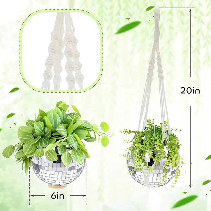 A sparkling silver disco ball hanging planter with reflective glass mirrors, adding a modern and stylish touch to any indoor or outdoor space.