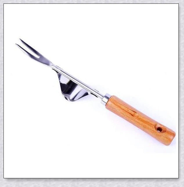 Premium British stainless steel manual weed puller with curved metal base and sharp forks for easy weed removal