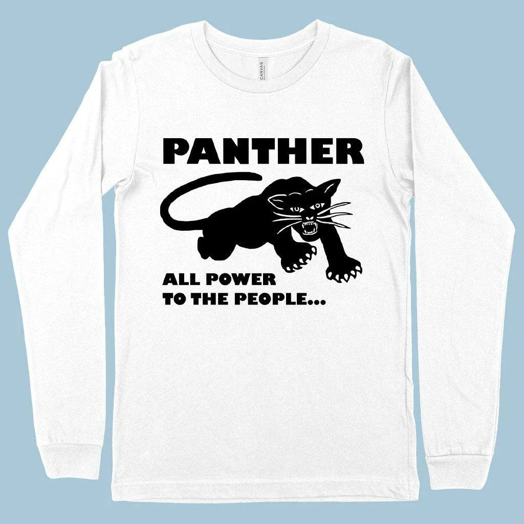 Iconic Black Panther long sleeve t-shirt in white, featuring a bold graphic design and premium, ethically-sourced cotton construction.