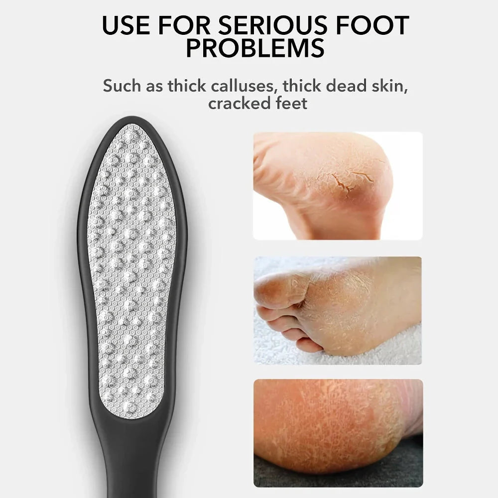 Premium 3-in-1 Foot Care Pedicure Tool with laser-cut stainless steel surfaces and ergonomic handle for salon-worthy feet at home