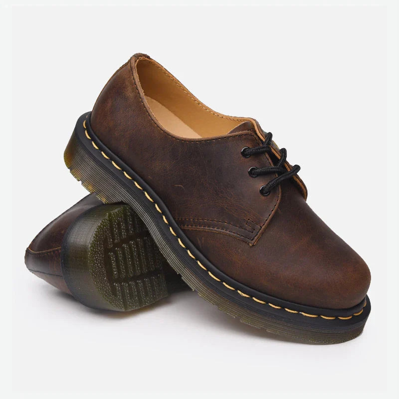Premium crazy horse leather couple shoes with Martin-style design, PVC sole, and superfine fibre lining