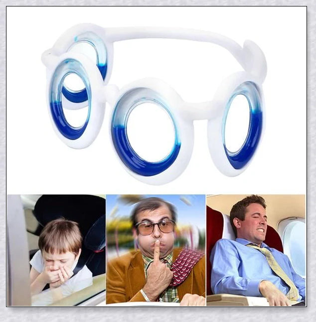 Anti-Motion Sickness Glasses with Boarding Ring technology for relief from nausea, dizziness, and vertigo during travel by car, boat, or plane