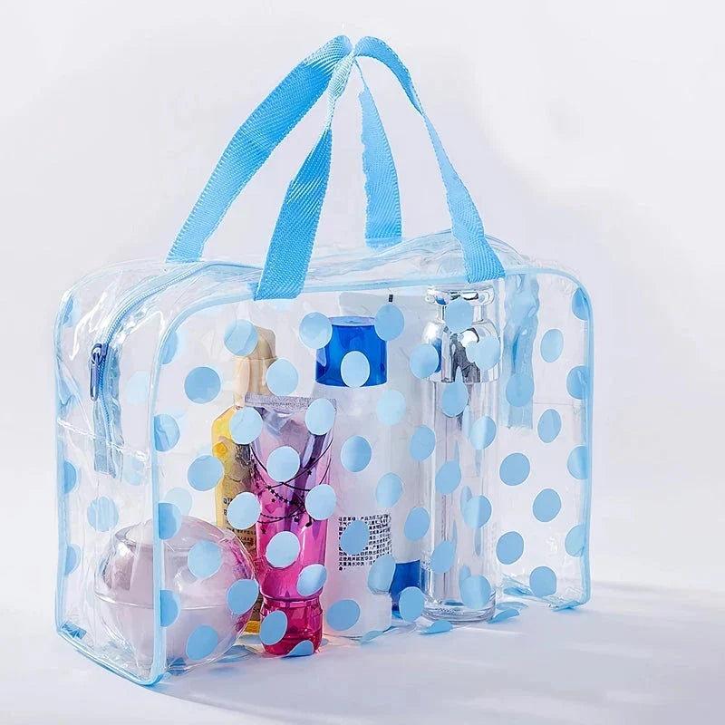 Stylish and durable PVC transparent makeup bag with fashionable dot pattern, perfect for British travellers
