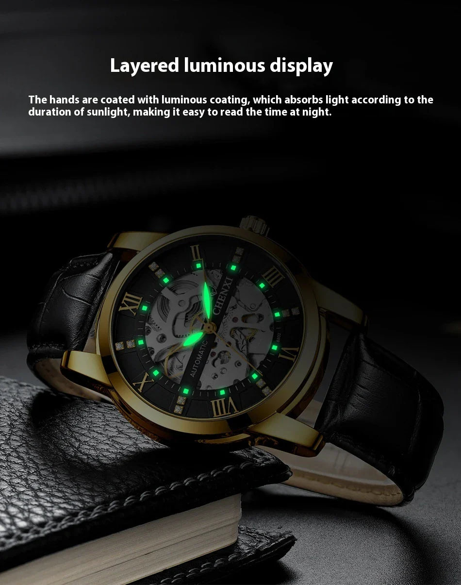 Premium automatic mechanical watch with a waterproof leather strap, featuring a sophisticated and versatile design.
