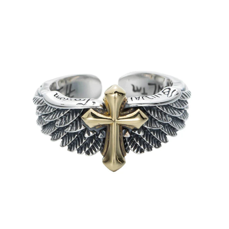Men's sterling silver vintage cross wings ring with adjustable sizing