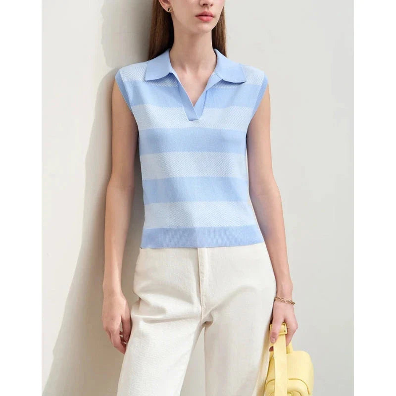 Chic Summer Knit Sleeveless Sweater in a neutral striped pattern, offering a comfortable and stylish option for warm weather wear.