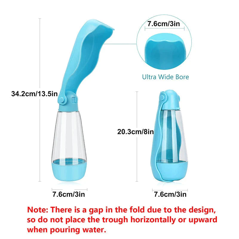 Portable pet water bottle with a wide trough and generous 420ml capacity for hydrating dogs on the go.